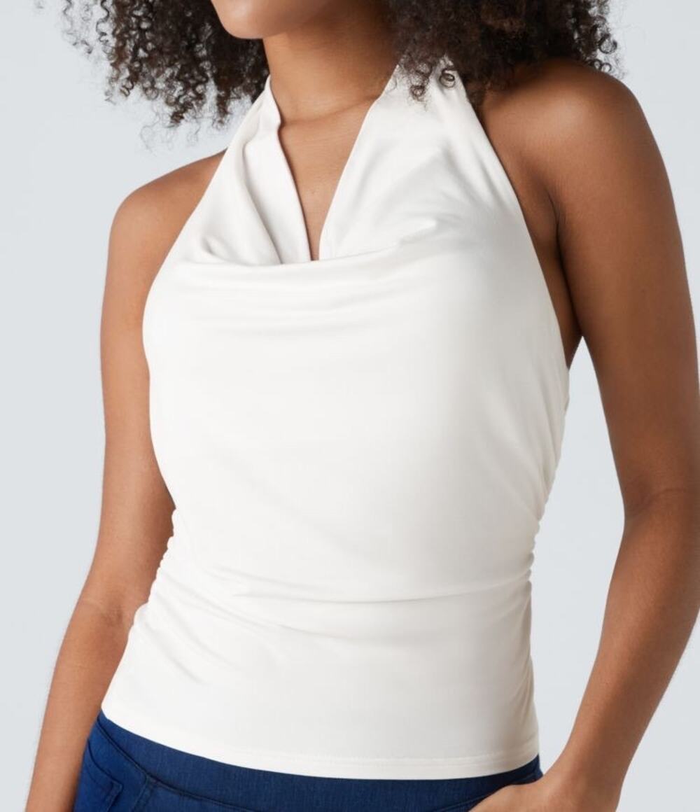 Halara Y2K Halter Cowl Neck Backless Ruched Casual Tank Top White Small